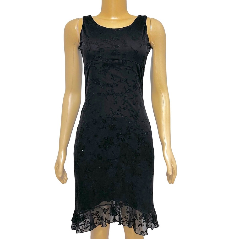 Up Front Black Floral Glitter Sheer Ruffle Hem Sheath Dress Size XS